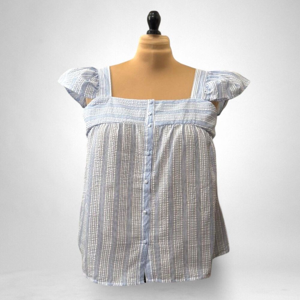 PERCH Textured Stripe Button Front Top - Blue, NEW! Size 2XL